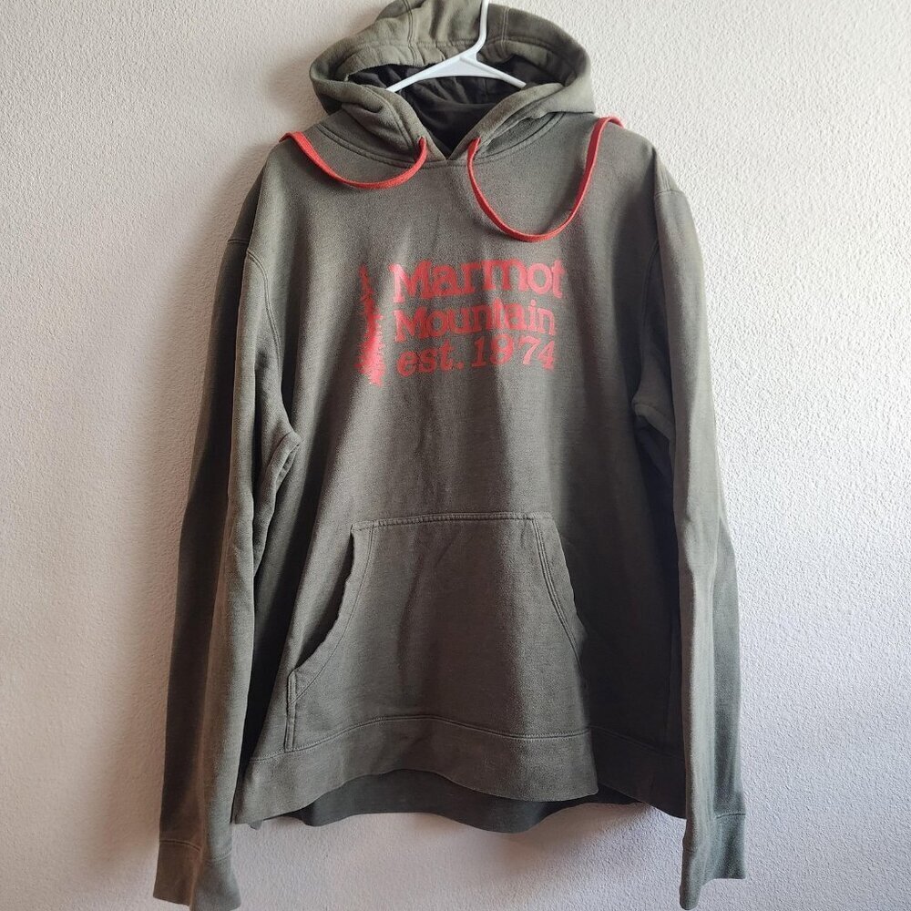 Marmot Hoodie Mens XL Green Pullover Sweatshirt Mountain Est 1974 Outdoor Hiking